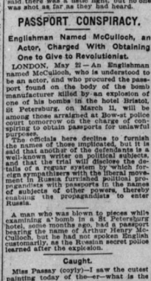 The arrest of Henry Noel Brailsford and McCulloch over fraudulent Russian passports - hotel-bristol-brailsford-Boston Daily Globe 22 May 1905