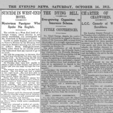Oct 1911 - another mysterious suicide for George Liffen and the Liffen Hotel in Pimlic - Evening News Oct 14 1911