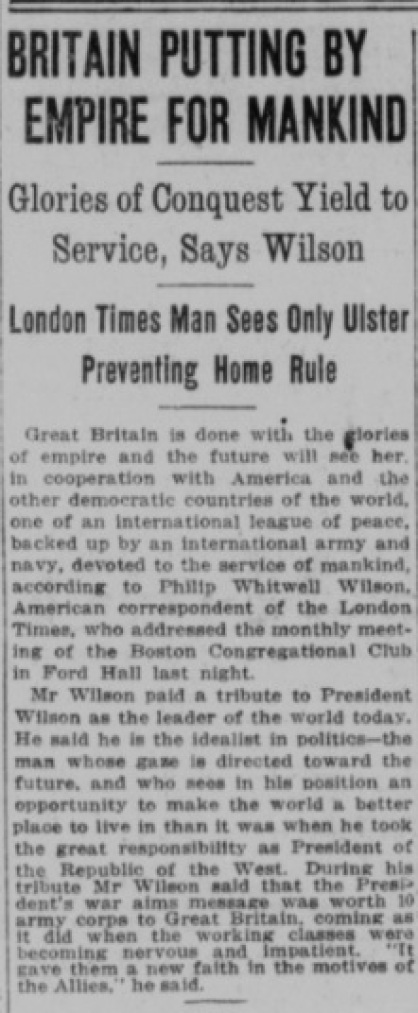 Wilson's prophetic vision of Nato and the European Union - Boston Daily Globe 23 April 1918