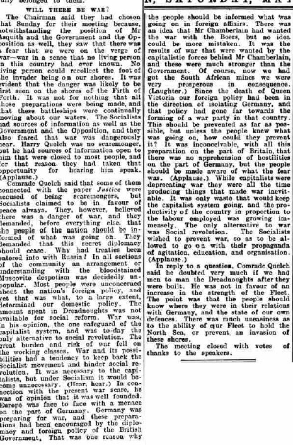 Harry Quelch 1909 War and the Social Revolution - St Andrews Citizen May 1st 1909
